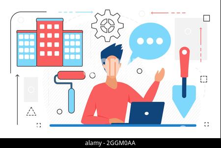 Home Reparatur-Service online, Mann Charakter und Bauherrenwerkzeuge Linie Symbole auf weiß isoliert Stock Vektor