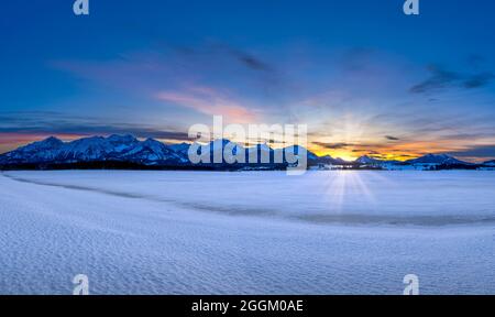 Gefrorener Hopfensee im Winter, bei Hopfen am See, Ostallgäu, Allgäu, Schwaben, Bayern, Deutschland, Europa Stockfoto