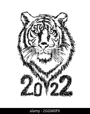 Jahr des Tigers. 2022 Jahre. Monochrome Skizze. Vektorgrafik Stock Vektor