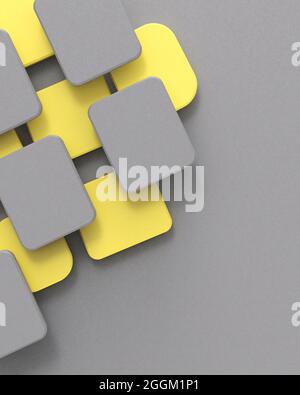 Gelbe und graue Rechtecke auf dem ultimativen grauen Hintergrund. Moderne Farben, 3D-Illustration nachmachen. Schönes Design für Tapete, Telefon Hintergrund oder Mo Stockfoto