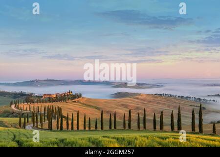 Baccoleno Bauernhaus in der Nähe von Asciano, Crete Senesi, Provinz Siena, Toskana, Italien, Europa Stockfoto