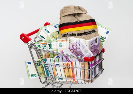 Warenkorb mit Euro-Banknoten und Geldbeutel Stockfoto