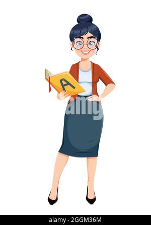 Alles gute für den Techer Tag. Nette weibliche Lehrer Cartoon-Figur hält Grundierung Buch. Vektordarstellung auf weißem Hintergrund isoliert Stock Vektor