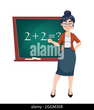 Alles gute für den Techer Tag. Nette weibliche Lehrer Cartoon-Figur steht in der Nähe der Tafel während Mathe-Unterricht. Vektorgrafik für Aktien. Stock Vektor