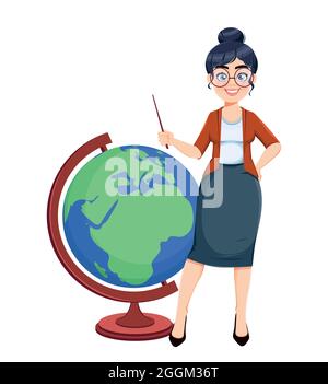 Alles gute für den Techer Tag. Nette weibliche Lehrer Cartoon-Figur stehen mit großen Globus, während Geographie Lektion. Vektorgrafik für Aktien. Stock Vektor