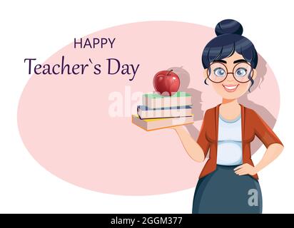 Happy Techer Tag Grußkarte. Nette weibliche Lehrer Cartoon-Figur mit Büchern und Apfel. Vektorgrafik für Aktien. Stock Vektor