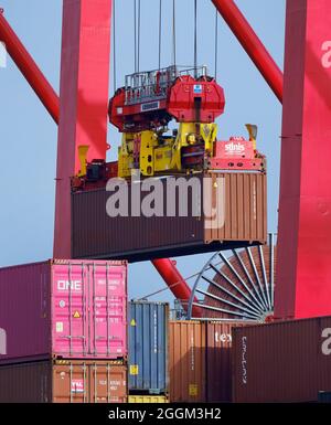 Hamburg, Deutschland - Containerschiff im Hamburger Hafen liegt das Containerschiff Nordsummer am Eurogate-Containerterminal. Das 247 Meter lange Containerschiff Nordsummer aus Portugal kann bis zu 3,500 Seecontainer transportieren. Der Hamburger Hafen ist der Endpunkt der maritimen Seidenstraße nach China. Stockfoto