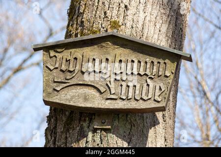 Deutschland, Baden-Württemberg, Tübingen - Bebenhausen, Schild, Linde in Schönbuch auf Böblingen Sträßle. Die Drehspieß-Linde hat ihren Namen vom Checkpoint mit einem Drehspieß, der an dieser Stelle zwischen den amerikanischen und französischen Zonen während der Besatzung gebaut wurde. Der Verlauf dieser Grenze wurde dann für die Landkreise Stuttgart und Tübingen beibehalten. Stockfoto