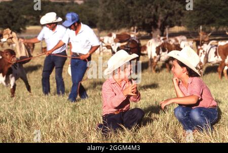 Stonewall Texas USA, 1989 Junge Jungen mit Cowboy-Hüten sitzen auf der Weide einer langhornigen Rinderfarm im Texas Hill Country. HERR RE-0264, 65 ©Bob Daemmrich Stockfoto