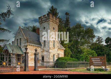 Die Cemetery Lodge am Eingang des Antietam National Cemetery in Sharpesburg, Maryland. Stockfoto