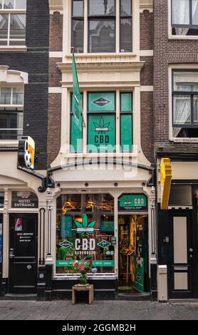 Amsterdam, Niederlande - 14. August 2021: Warmoesstraat. CBD Cannabis Bakehouse wirbt mit seinen Produkten meist in Grün. Beigefarbene Fassade mit großen Fenstern Stockfoto