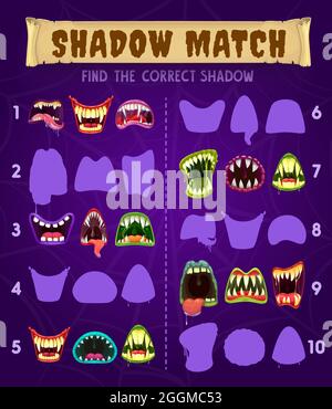 Shadow-Spiel finden und passen richtige Puzzle, Vektor-Aktivität Rätsel für Kinder. Shadow Match Kinder Spiel mit Halloween Cartoon Monster Mund, visuelle l Stock Vektor