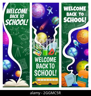 Banner mit Galaxie, Weltraumplaneten, Astronaut, Schulbus, Tasche und Bildungsartikeln. Vektorkarten oder Lesezeichen mit Cartoon-Rucksack, te Stock Vektor