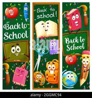 Back to School Banner mit Comic-Figuren und Tafelhintergrund. Vektor vertikale Karten mit lustigen Lernsachen Persönlichkeiten backpac Stock Vektor