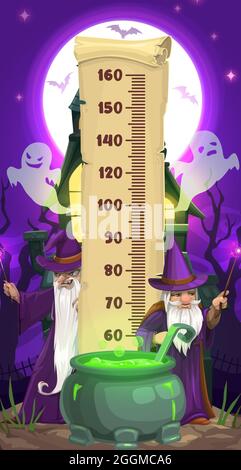 Halloween Kinder Höhendiagramm mit Cartoon-Zauberer und Geister. Vektor-Wachstumsmesser-Aufkleber mit Linealskala auf Pergamentrolle, gruselige Zauberer Stock Vektor