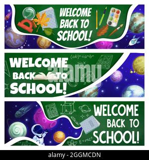 Banner mit Cartoon-Galaxie, Weltraumplaneten, Astronaut, wissenschaftlichen Formeln und Bildungsartikeln. Vektorkarten Notizbücher, Farben und Schüler Stock Vektor