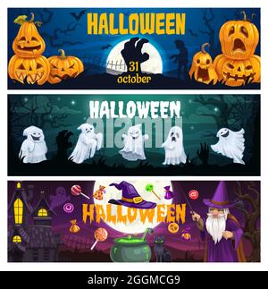 Halloween Cartoon Vektor Banner. Zauberer in lila Kleid hält Zauberstab, Jack-o-Laternen Kürbisse und gruselige Geister auf dem Friedhof, gespenstisch gruselige Burg Stock Vektor