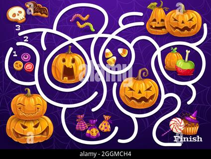 Kids Labyrinth-Spiel mit Halloween Süßigkeiten, Kürbisse und Spinnennetz. Vektor Labyrinth Puzzle finden richtigen Weg Brettspiel. Aufgabe mit verworrenen Pfad und Süßigkeiten Stock Vektor