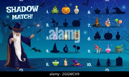 Kind Halloween Schatten Match Spiel mit Zaubererartefakten. Kinder Mathe Übung, Kinder spielen Aktivität mit passenden Aufgabe. Zauberer Zeichentrickfigur Stock Vektor