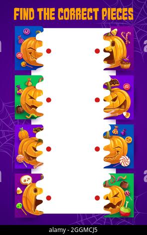 Halloween Kinder Labyrinth finden die richtigen Kürbis Stücke. Spiel die Hälften Vektor-Brettspiel mit Süßigkeiten, Jack-o-Laterne und Spinnennetz. Puzzleaufgabe mit c Stock Vektor