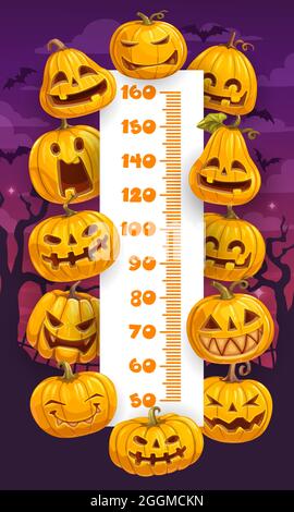 Halloween Cartoon Kürbisse Kinder Höhe Diagramm, Wachstum messen Vektor-Design. Linealskala von Messgerät oder Stadiometer mit Rahmen von Horrorurlaub Stock Vektor