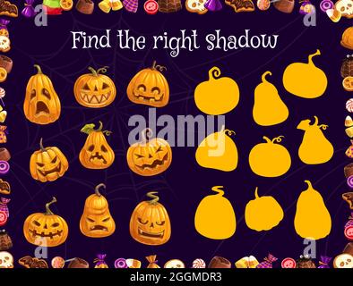 Halloween Kinder Spiel mit finden Sie die richtige Silhouette von Vektor-Kürbisse und Leckereien. Halloween Schatten passende Spiel oder Puzzle, pädagogische Rätsel oder Test Stock Vektor