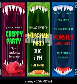 Halloween Tanz und gruselige Monster Party Poster. Monster gezahnte Maws mit scharfen Reißzähnen und Zunge in Speichel Cartoon-Vektor. Halloween-Feier ev Stock Vektor