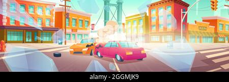 Autounfall an der Kreuzung der Stadtstraße. Vektorgrafik Cartoon Illustration von Auto Crash. Stadtbild mit Gebäuden, Straßen, kaputten Fahrzeugen nach Kollision und Glasscherben Stock Vektor