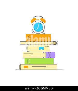 Stapel von Büchern mit Wecker oben. Bildungskonzept. Zurück zur Schule flache lineare Illustration Stock Vektor