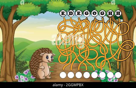 Spiel Igel Labyrinth finden Weg zum Wort Stock Vektor