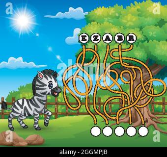 Spiel Zebra Labyrinth finden Weg zum Wort Stock Vektor