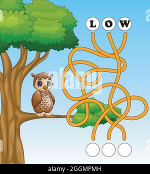 Spiel Eule Labyrinth finden Weg zum Wort Stock Vektor