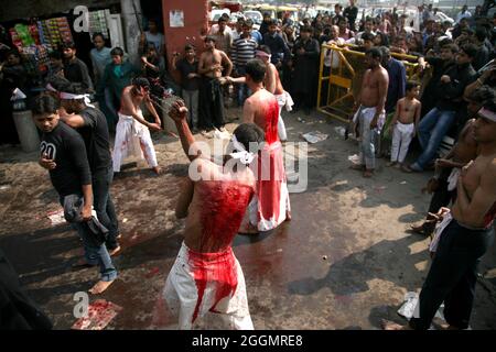 Indische schiitische Mulslims nehmen an einem Ritual der Selbstgeißelung Teil, während der Prozession zur Markierung von Ashura im Monat Muharram in Neu Delhi Stockfoto