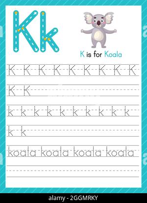 Trace Letter K Groß- und Kleinschreibung. Alphabet Tracing Praxis Vorschule Arbeitsblatt für Kinder Englisch lernen mit niedlichen Cartoon Tier. Aktivität pag Stock Vektor