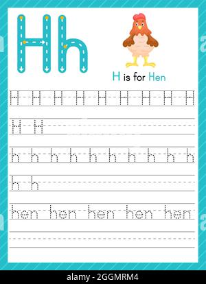 Trace-Buchstabe H in Groß- und Kleinbuchstaben. Alphabet Tracing Praxis Vorschule Arbeitsblatt für Kinder Englisch lernen mit niedlichen Cartoon Tier. Aktivität pag Stock Vektor
