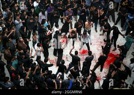 Indische schiitische Mulslims nehmen an einem Ritual der Selbstgeißelung Teil, während der Prozession zur Markierung von Ashura im Monat Muharram in Neu Delhi Stockfoto