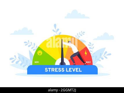 Reduzieren Sie Stress Ebene Stil Design Konzept Vektor-Illustration. Emotionale Überlastung, Burnout und Ermüdung durch die Arbeit. Stresspegelmesser messen Emotionen Stock Vektor