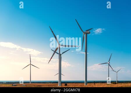 Windmühlen, die Strom erzeugen auf einem Hügel im Küstengebiet gelegen, die Ostsee im Hintergrund, Windpark gegen den blauen Himmel, Poland Europ Stockfoto