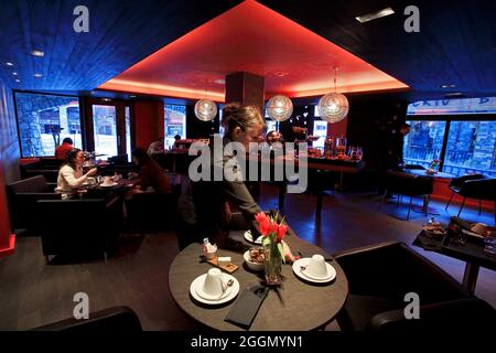 FRANKREICH. SAVOIE (73) SKI D'ISERE (HAUTE-TARENTAISE) IM MASSIV DE LA VANOISE. EIN ZIMMER DER AVENUE LODGE (DAS NEUE MODERNE HOTEL IM INNENDESIGN VON JEAN-PHI) Stockfoto