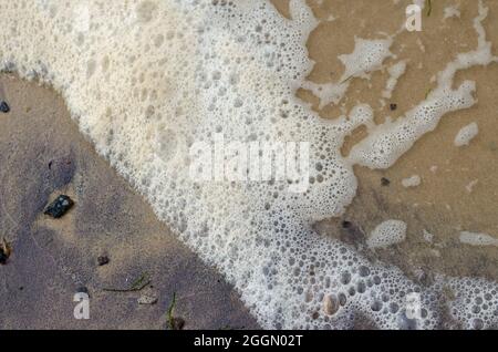 Sandstrand nach dem Sturm bei Sonnenuntergang. Schlammiges Küstenstreifen mit Kieselsteinen und Algen. Abgewinkelte Ansicht von oben. Selektiver Fokus. Verschwommene Bewegung. Stockfoto