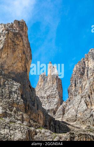 Vajolet-Türme, Rosengarten-Gruppe, Trentino, Italien Stockfoto