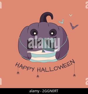 Fröhliches Halloween mit einem fröhlichen Kürbis in einer medizinischen Maske, Fledermäusen und Spinnen. Vektorgrafik. Stock Vektor
