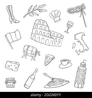 italien Land Nation Doodle handgezeichnete Set-Kollektionen mit Umriss schwarz-weiß-Stil Vektor-Illustration Stockfoto