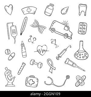 Gesundheitswesen Industrie Konzept Doodle handgezeichnete Set-Kollektionen mit Umriss schwarz-weiß-Stil Vektor-Illustration Stockfoto