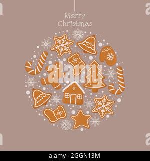 Weihnachtskarte mit Lebkuchengebäck. Niedliche Vektorgrafik Stock Vektor