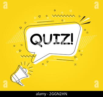 Quiz im Blasenvektor auf hellgelbem Hintergrund. Comic-Sprechblase. Comic-Explosion. Farbenfroher Sprechballon mit Megaphon. Massagen und Stock Vektor