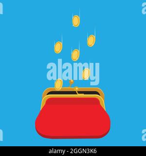 Vector Illustration goldenen Münzen in rot Retro Geldbörse fallen auf blauem Hintergrund isoliert. Dollar fallen in offenen Geldbeutel. Geld sparen Konzept Stock Vektor