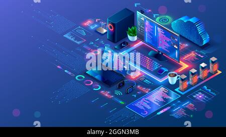 Isometrische Darstellung der Computertechnologie. PC, Laptop, Telefon auf dem Schreibtisch, technische Symbole, Designelemente von Apps, Entwicklungsumgebung der Programmierung Stock Vektor