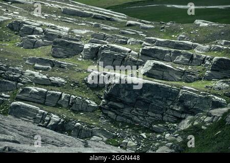 Schöne Aussicht auf Felsen auf grünem Land im Gran Paradiso Naturschutzgebiet in Italien Stockfoto