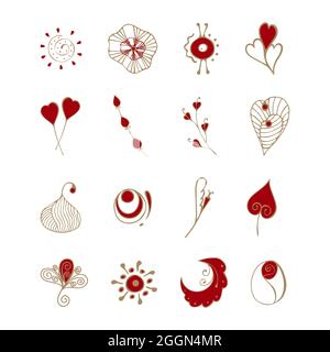 Sticker Icons LIEBE Doodle Herzen Blumen rot und Gold für Valentinstag, Handzeichnung. Isolierter, weißer Hintergrund. Designelemente. Vektorgrafik Stock Vektor